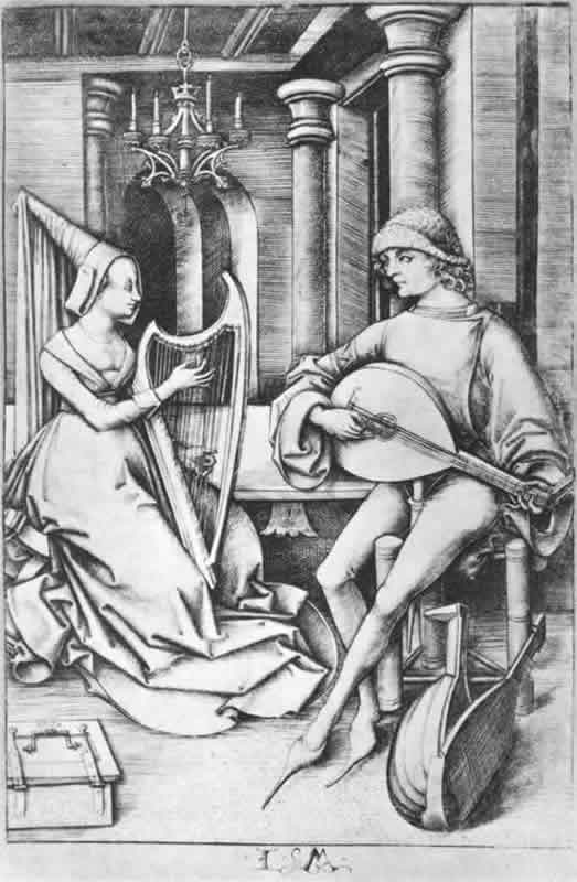 Израэль ван Мекенем Младший. Лютнист и арфистка. Гравюра на меди ок. 1490 года